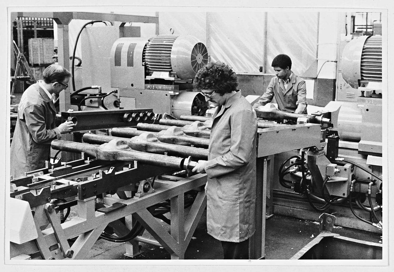 A Thompson Model 50 double-ended friction-welding machine on final test. 1980